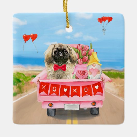 Pekingese Dog Valentijnsdag Truck Hearts Keramisch Ornament (Voorkant)