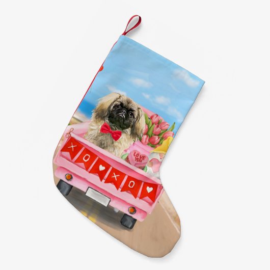 Pekingese Dog Valentijnsdag Truck Hearts Kleine Kerstsok (Voorkant (Hangend))