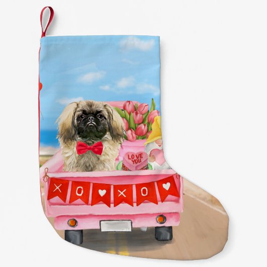 Pekingese Dog Valentijnsdag Truck Hearts Kleine Kerstsok (Voorkant)