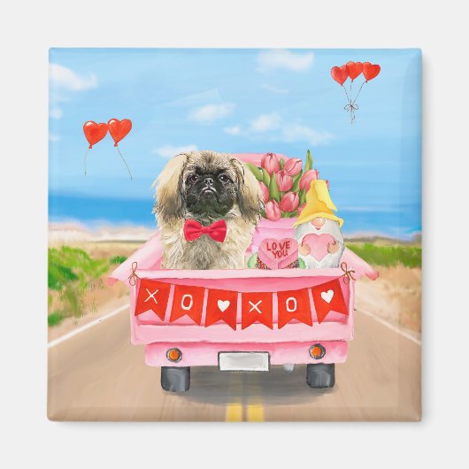 Pekingese Dog Valentijnsdag Truck Hearts Magneet (Voorkant)