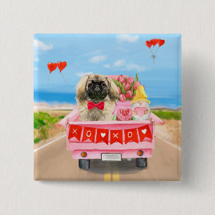 Pekingese Dog Valentijnsdag Truck Hearts Vierkante Button 5,1 Cm