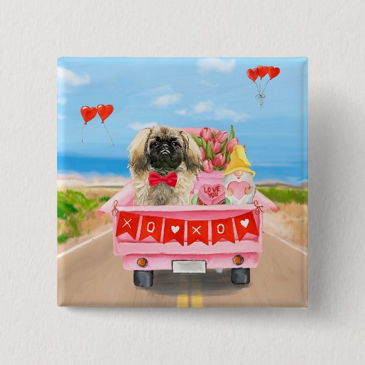 Pekingese Dog Valentijnsdag Truck Hearts Vierkante Button 5,1 Cm (Voorkant)