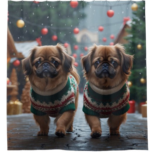 Pekingese Dogs Christmas Snow Holiday Douchegordijn (Voorkant)