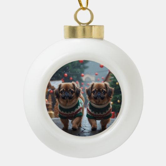 Pekingese Dogs Christmas Snow Holiday Keramische Bal Ornament (Voorkant)