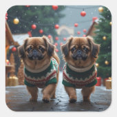 Pekingese Dogs Christmas Snow Holiday Vierkante Sticker (Voorkant)