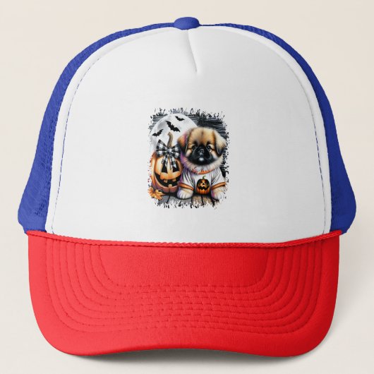 Pekingese Hond Halloween Vierkant Trucker Pet (Voorkant)