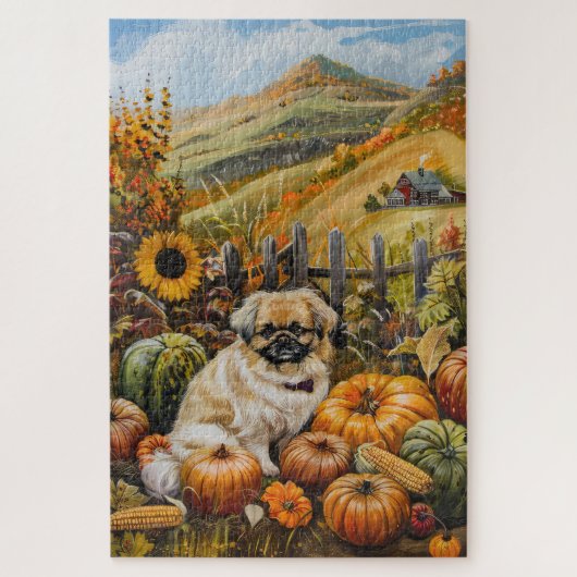 Pekingese Hond Herfst Oogst Dankdag Legpuzzel (Verticaal)