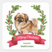 Pekingese Hond Holly Banner Kerstmis Vierkante Sticker (Voorkant)
