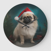 Pekingese Hond in Sneeuw Kerstmis Grote Klok (Voorkant)