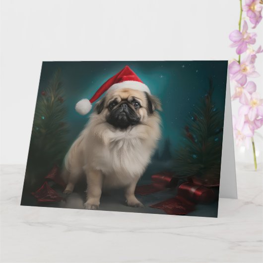 Pekingese Hond in Sneeuw Kerstmis Kaart (Orchidee)