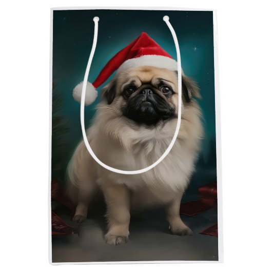 Pekingese Hond in Sneeuw Kerstmis Medium Cadeauzakje (Voorkant)