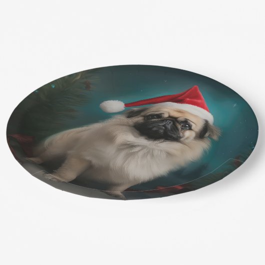 Pekingese Hond in Sneeuw Kerstmis Papieren Bordje (Gekanteld)