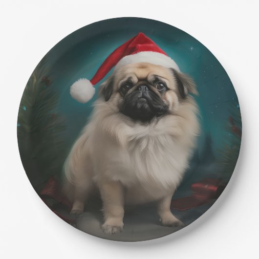 Pekingese Hond in Sneeuw Kerstmis Papieren Bordje (Voorkant)