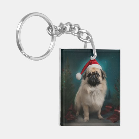 Pekingese Hond in Sneeuw Kerstmis Sleutelhanger (Voorkant Links)