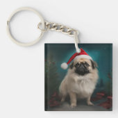 Pekingese Hond in Sneeuw Kerstmis Sleutelhanger (Voorkant)
