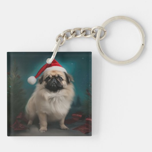 Pekingese Hond in Sneeuw Kerstmis Sleutelhanger (Achterkant)