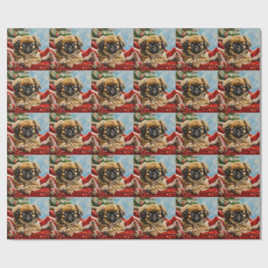 Pekingese Hond Kerstfeest Cadeaupapier (Vlak)