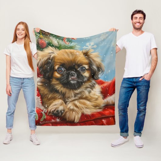 Pekingese Hond Kerstfeest Fleece Deken (In situ)