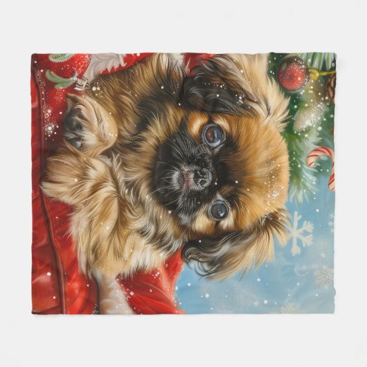 Pekingese Hond Kerstfeest Fleece Deken (Voorkant (Horizontaal))