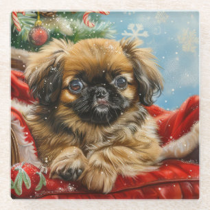 Pekingese Hond Kerstfeest Glazen Onderzetter