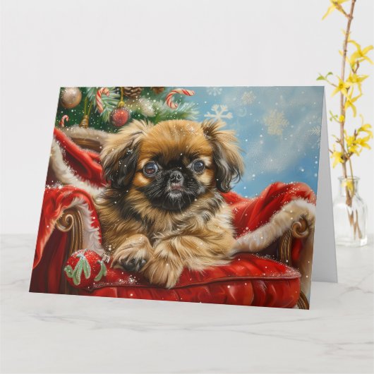 Pekingese Hond Kerstfeest Kaart (Gele Bloem)
