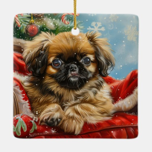 Pekingese Hond Kerstfeest Keramisch Ornament (Achterkant)