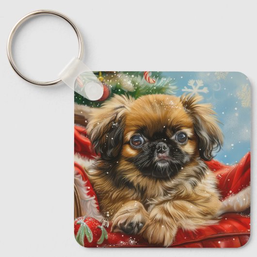 Pekingese Hond Kerstfeest Sleutelhanger (Voorkant)