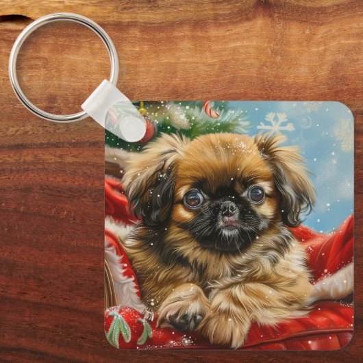 Pekingese Hond Kerstfeest Sleutelhanger (Voorkant)