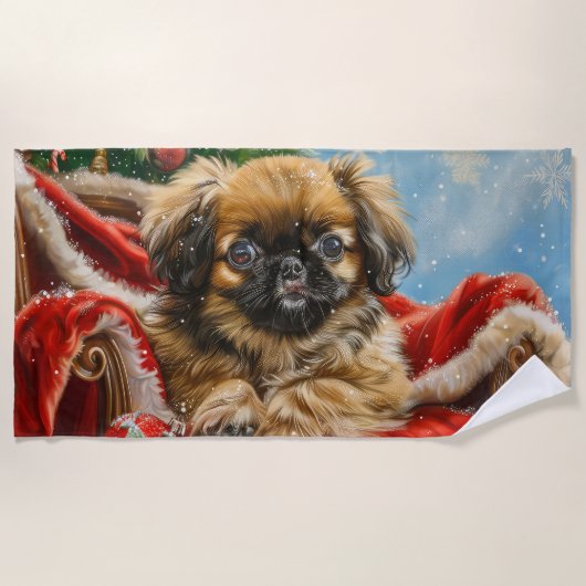 Pekingese Hond Kerstfeest Strandlaken (Voorkant)