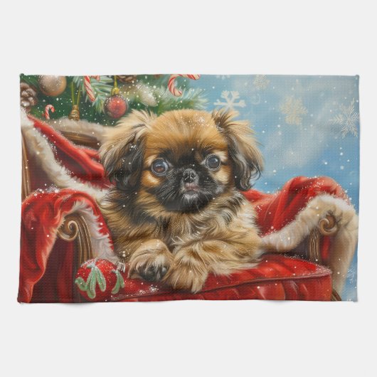 Pekingese Hond Kerstfeest Theedoek (Horizontaal)