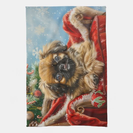 Pekingese Hond Kerstfeest Theedoek (Verticaal)