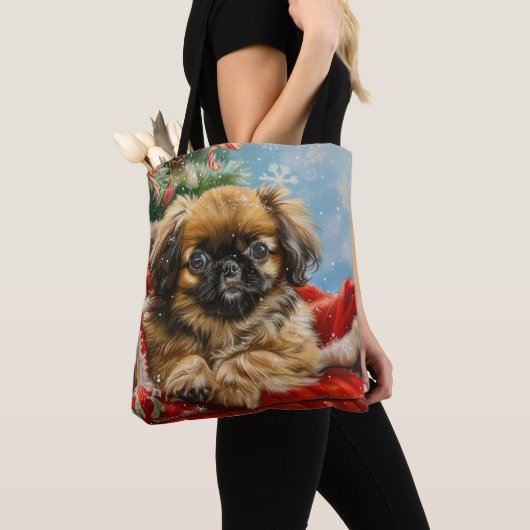 Pekingese Hond Kerstfeest Tote Bag (Dichtbij)