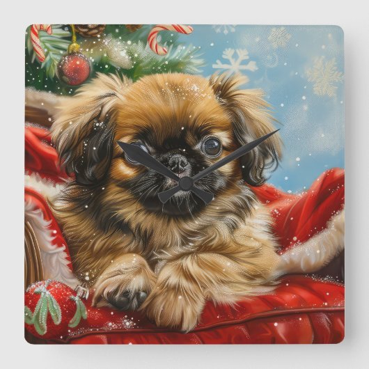 Pekingese Hond Kerstfeest Vierkante Klok (Voorkant)
