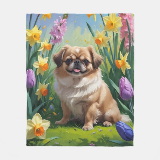 Pekingese hond lente bloemen schilderen fleece deken (Voorkant)