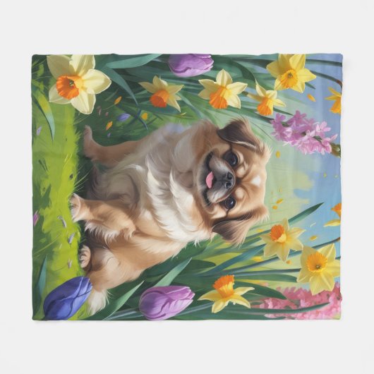 Pekingese hond lente bloemen schilderen fleece deken (Voorkant (Horizontaal))