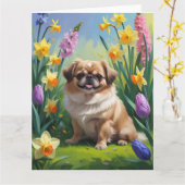 Pekingese hond lente bloemen schilderen kaart (Gele Bloem)