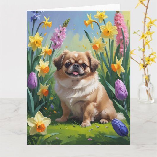 Pekingese hond lente bloemen schilderen kaart (Gele Bloem)