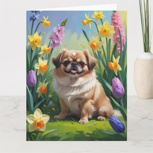 Pekingese hond lente bloemen schilderen kaart (Voorkant)