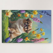 Pekingese hond lente bloemen schilderen legpuzzel (Horizontaal)
