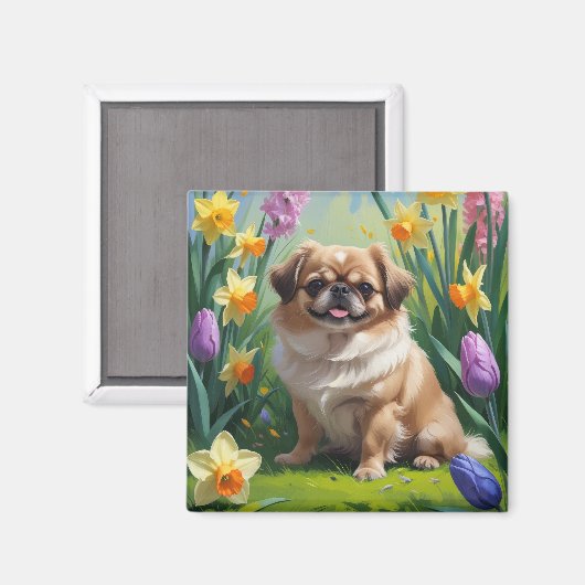 Pekingese hond lente bloemen schilderen magneet (Voorkant / Achterkant)