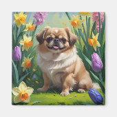 Pekingese hond lente bloemen schilderen magneet (Voorkant)