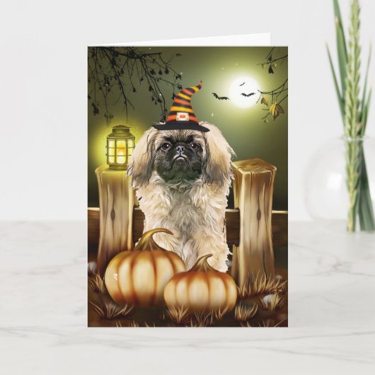 Pekingese Hond met Heks Pet Halloween Kaart (Voorkant)