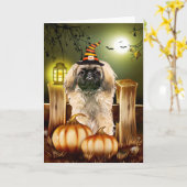 Pekingese Hond met Heks Pet Halloween Kaart (Gele Bloem)