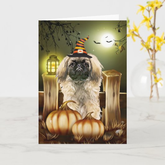 Pekingese Hond met Heks Pet Halloween Kaart (Gele Bloem)
