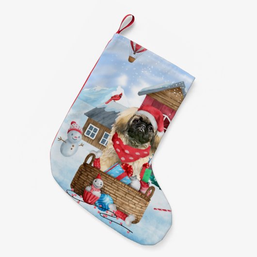 Pekingese hond op sneeuwkerst kleine kerstsok (Voorkant (Hangend))