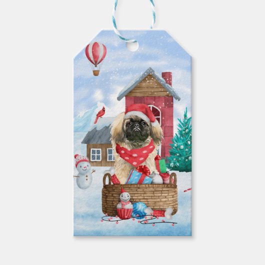 Pekingese hond op sneeuwkerstmis cadeaulabel (Voorkant)