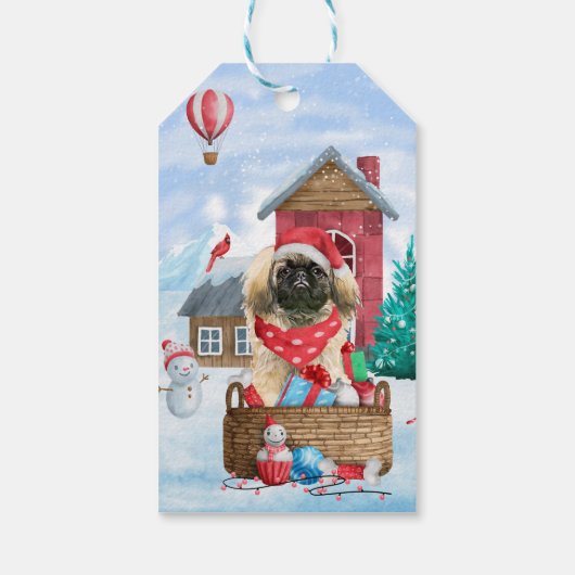 Pekingese hond op sneeuwkerstmis cadeaulabel (Achterkant)