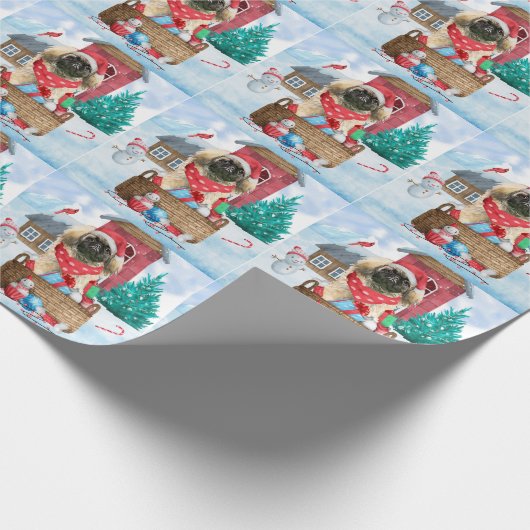 Pekingese hond op sneeuwkerstmis cadeaupapier (Hoek)
