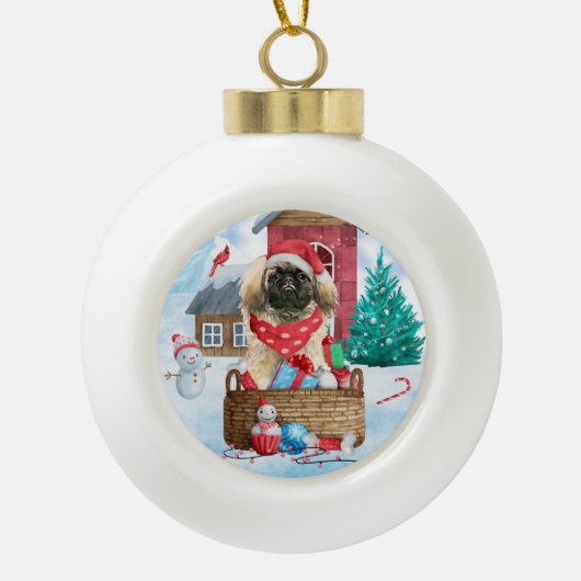 Pekingese hond op sneeuwkerstmis keramische bal ornament (Voorkant)