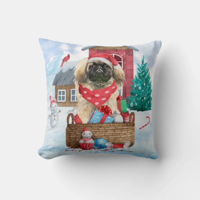 Pekingese hond op sneeuwkerstmis kussen (Voorkant)